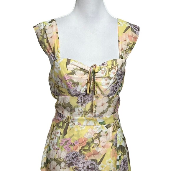 Yumi Kim Ariana Floral Dress Women’s Size Small Yellow Midi Ruched Lined - Picture 3 of 13